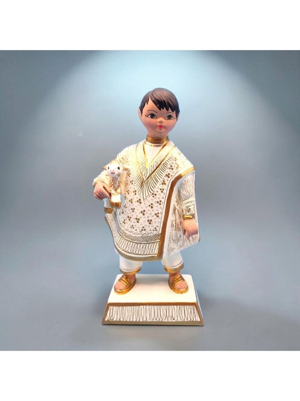 Vintage Boy With Lamb Figurine White Gold Accents Mexico Shepherd 7.5" Decor